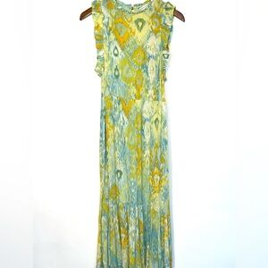 Canyon Retreat watercolor print relaxed fit midi dress ruffle sleeve medium.